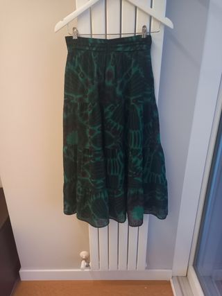 Falda midi Bash estampada verde-negro, talla 36/S