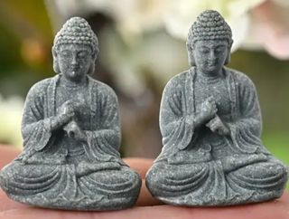 2 Statue di Buddha in pietra muschiosa e resina grigia