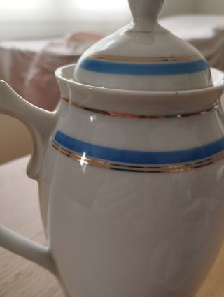 Cafetera y lechera porcelana azul y blanca a juego