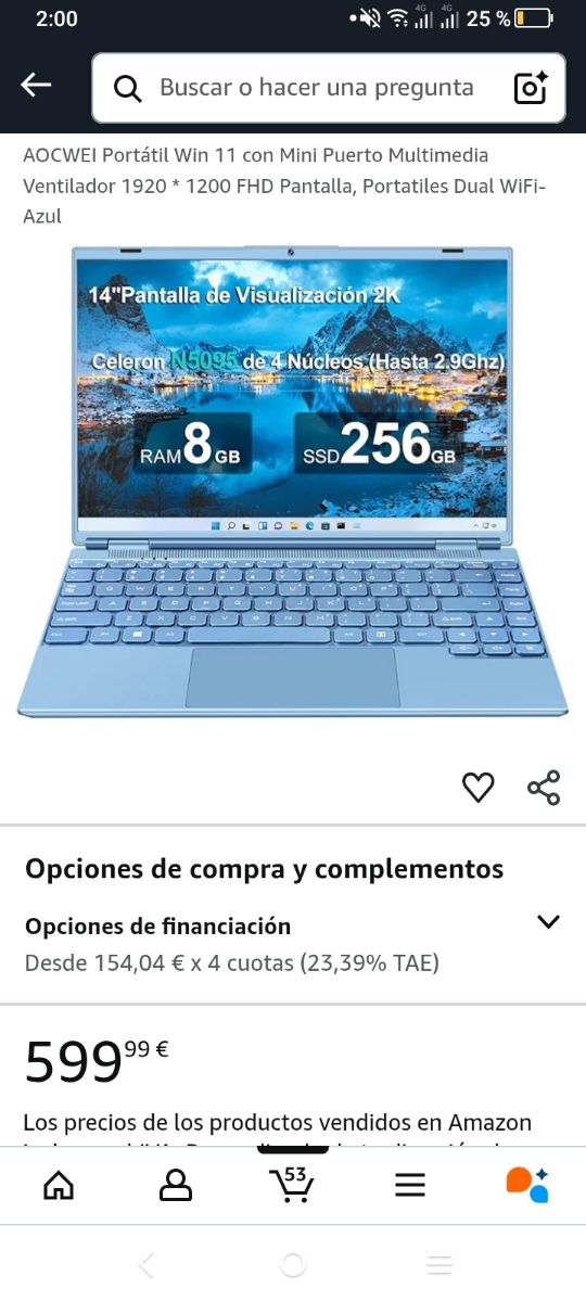 Portátil AOCWEI 14" Azul sólo 299euros