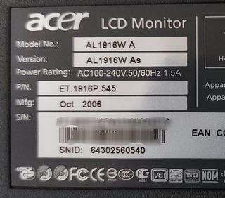 Monitor ACER AL1916W 19" funcionando (*Leer Nota)