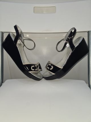 Sandalias negras tacón - Plata