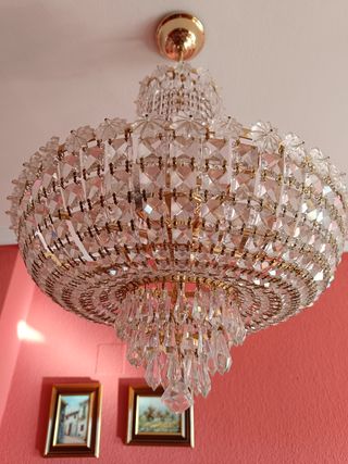 Dos Lamparas de techo cristal de roca doradas