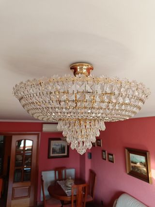 Dos Lamparas de techo cristal de roca doradas