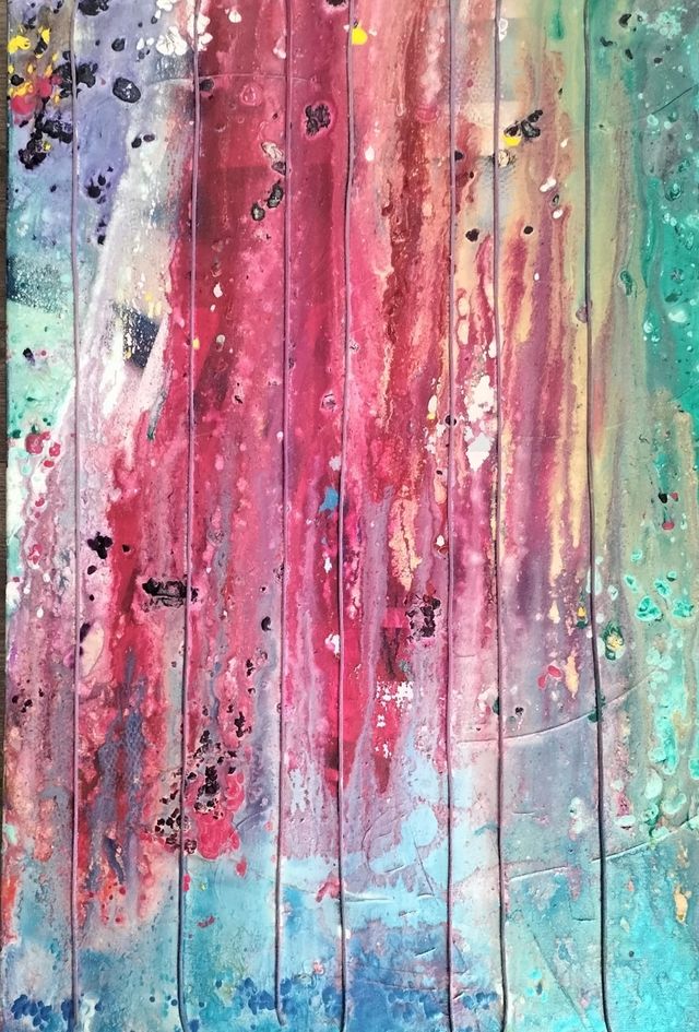 CUADRO ABSTRACTO CON ACRÍLICOS E HILOS DE ALGODÓN.