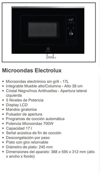 Microondas Electrolux 700W integrable