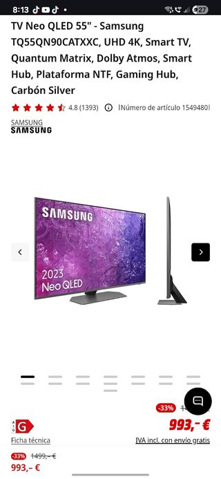 TV Samsung 4K 55" TQ55QN90CATXXC - NEGOCIABLE