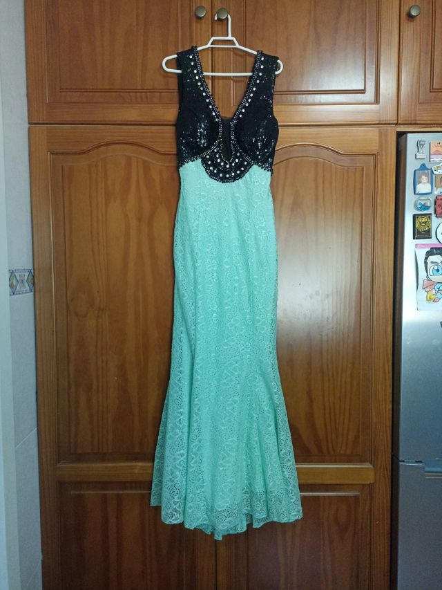 Vestido fiesta largo negro y verde agua