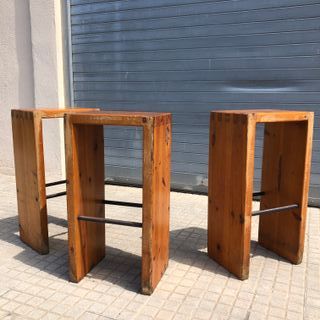 Taburetes pino brutalistas vintage Francia 1960