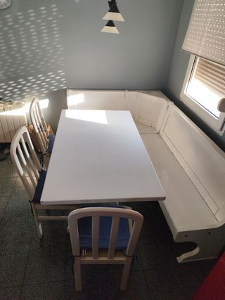 Mesa comedor blanca madera - 3 sillas y el banco