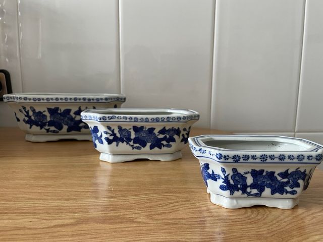 3 Maceteros Cerámica Azul y Blanca