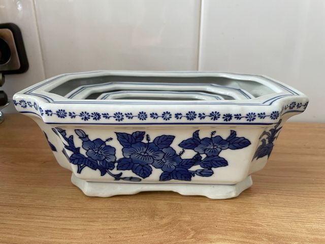 3 Maceteros Cerámica Azul y Blanca