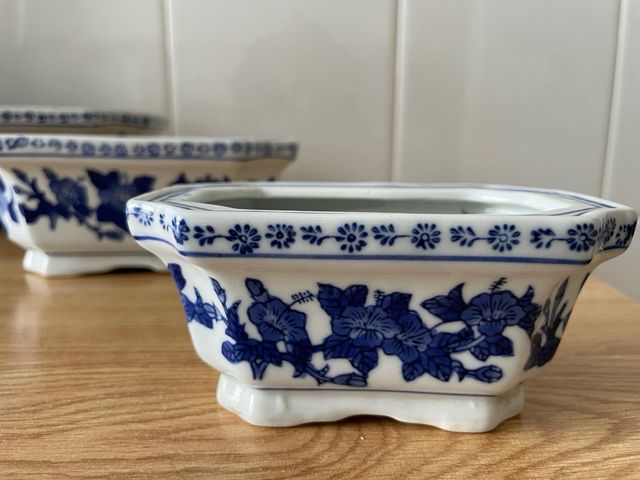 3 Maceteros Cerámica Azul y Blanca