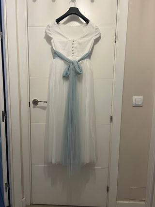 Vestido comunión niña blanco cintura celeste