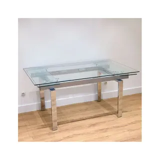 MESA DE SALON DE CRISTAL Y ACERO EXTENSIBLE