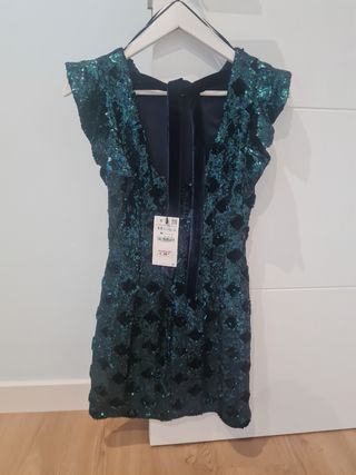 Vestido lentejuelas Zara - Verde - Talla XS
