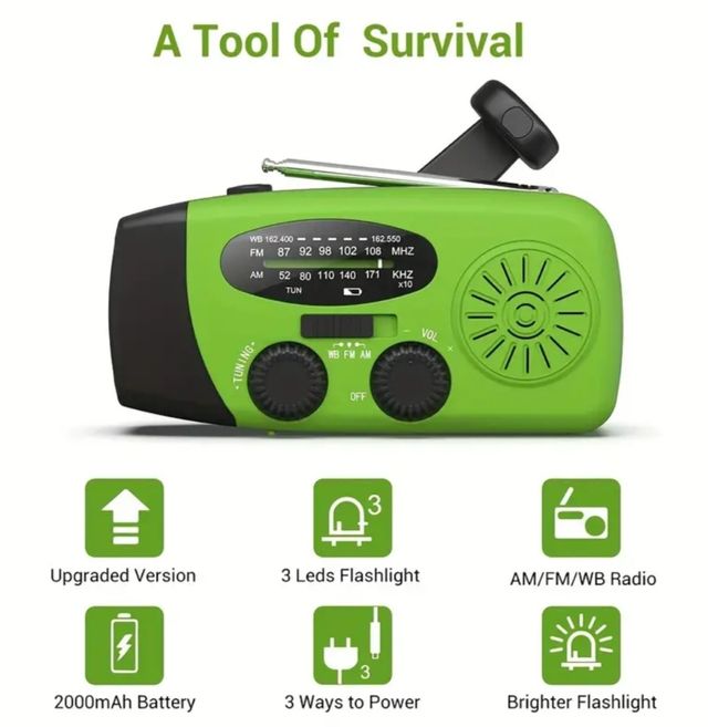 RADIO SOLAR RECARGABLE CON DINAMO Y USB - NUEVA