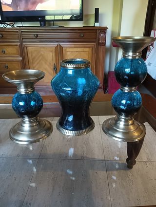 Juego 3 portavelas azul y dorado