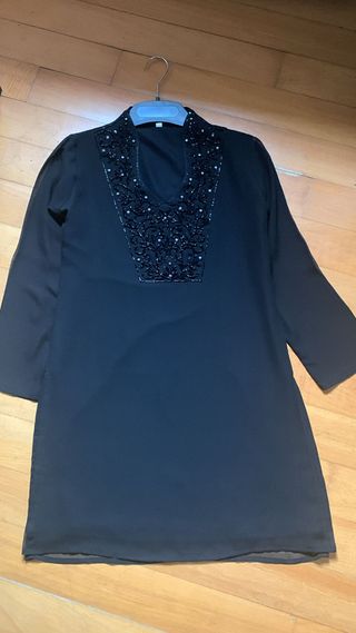 Tunica nera elegante voile di seta ricamo paillett