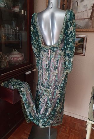 Vestido cola largo vintage verde