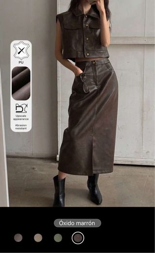 Conjunto falda y top cuero PU marrón