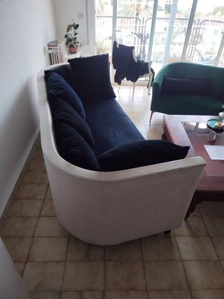 Sofá 3 plazas beige y azul