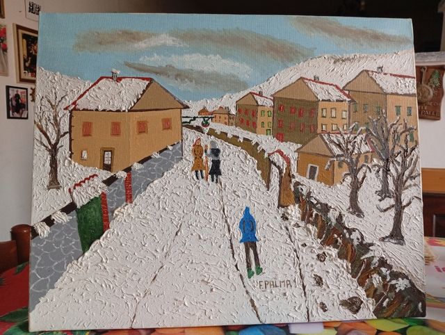 Quadro Naif viale innevato. 40x50.