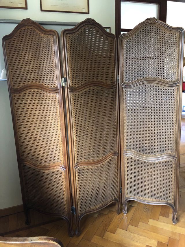 Paravento separé in legno e paglia di Vienna