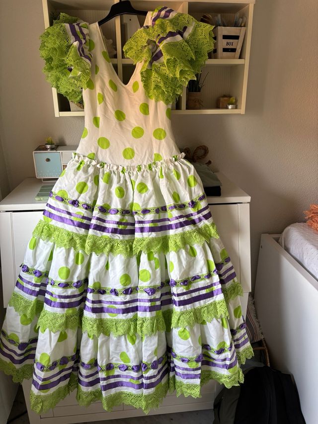 Traje Flamenca Vintage Blanco Verde