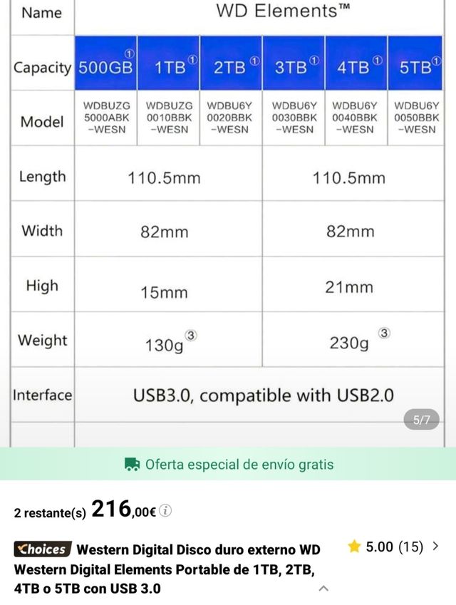 Disco duro externo WD Elements 5 TB