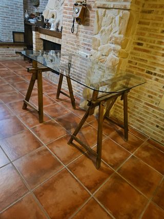 Mesa de cristal y madera - Estilo industrial
