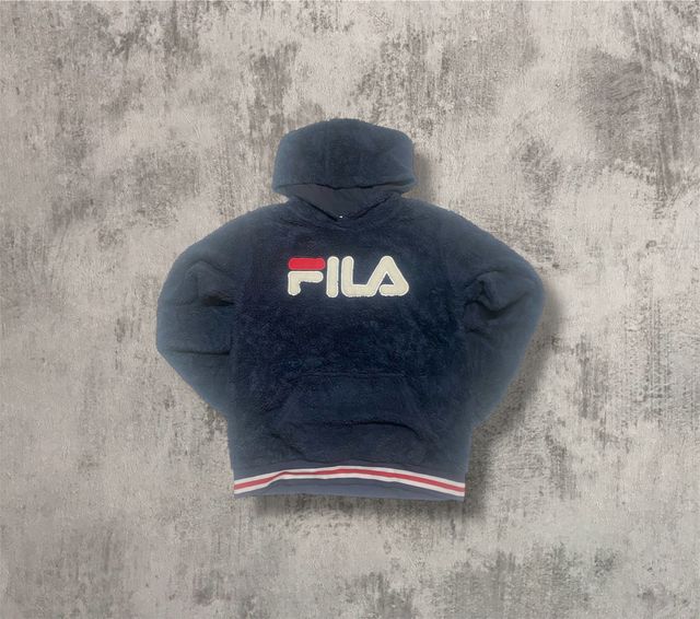 Fila Sherpa Hoodie Navy Red Logo Vintage Y2K