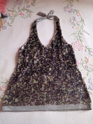 Top paillettes grigio e multicolor