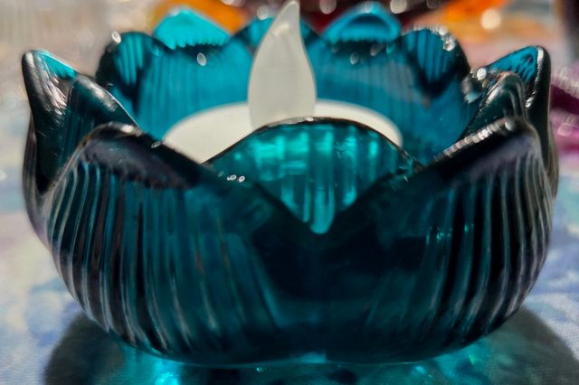 Portavelas azul teal de cristal