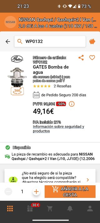 Bomba de agua para motor 2.0 dci marca Gates NUEVA
