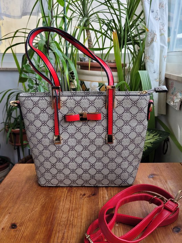 Borsa a mano vintage grigio-rossa