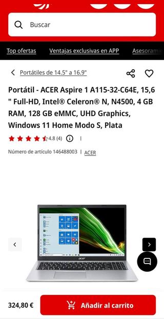 Portátil Acer Aspire 1 128GB Intel Celeron 15.6 HD