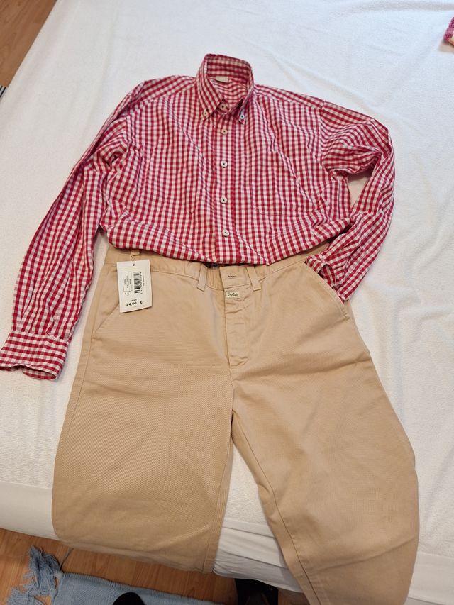 Lote Pantalón beige nuevo, polo rayas N&N, camisa