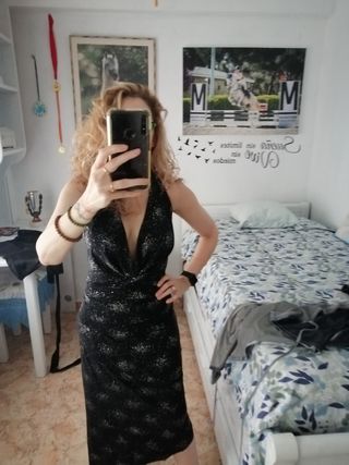 Vestido negro fiesta brillo con chaqueta de brillo
