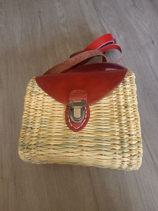 Bolso paja y cuero rojo