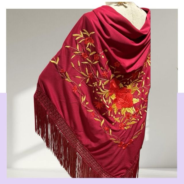 Mantón flamenco burdeos bordado - 190x90cm