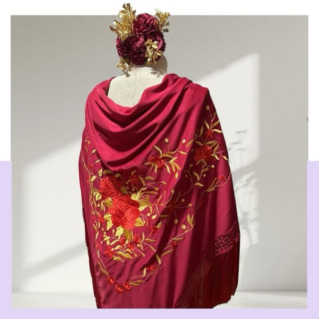 Mantón flamenco burdeos bordado - 190x90cm