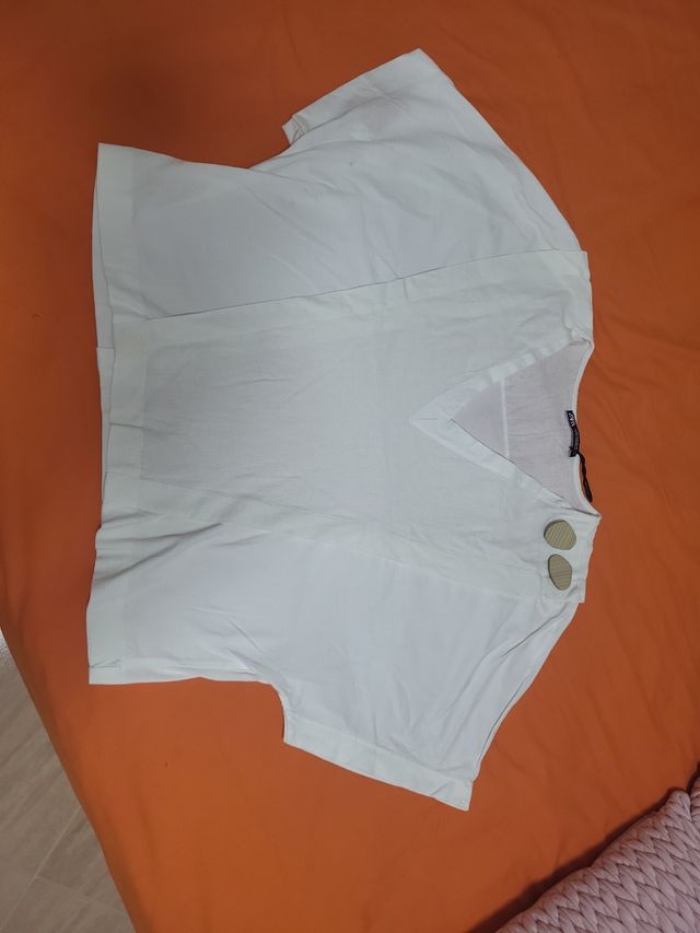 Blusa zara blanca beige escote pico L 40