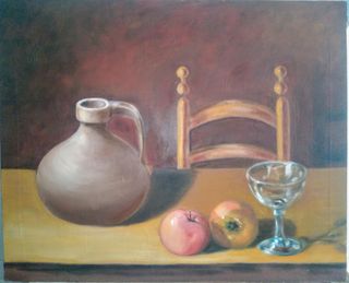 Bodegón al óleo: Jarrón, copa, manzanas y silla