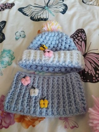 Gorro y braga bebé niña, lana, azul