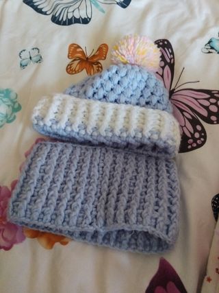 Gorro y braga bebé niña, lana, azul