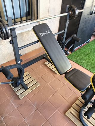 Banco Musculación + Barra + Mancuernas