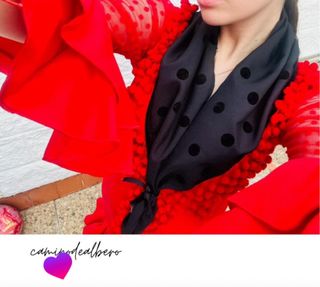 Mantoncillo negro lunar tercipelo y madroños rojo