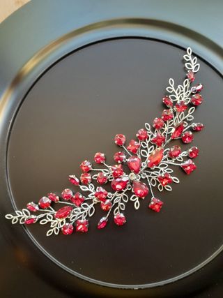 Tocado rojo-plateado boda, evento, fiesta