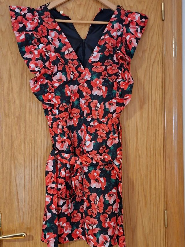 Vestido rojo flores-mangas volantes